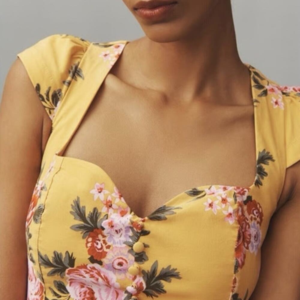 Anthropologie Maeve Cecily Yellow Floral Sweetheart Midi Dress S Romantic Retro - Picture 9 of 11